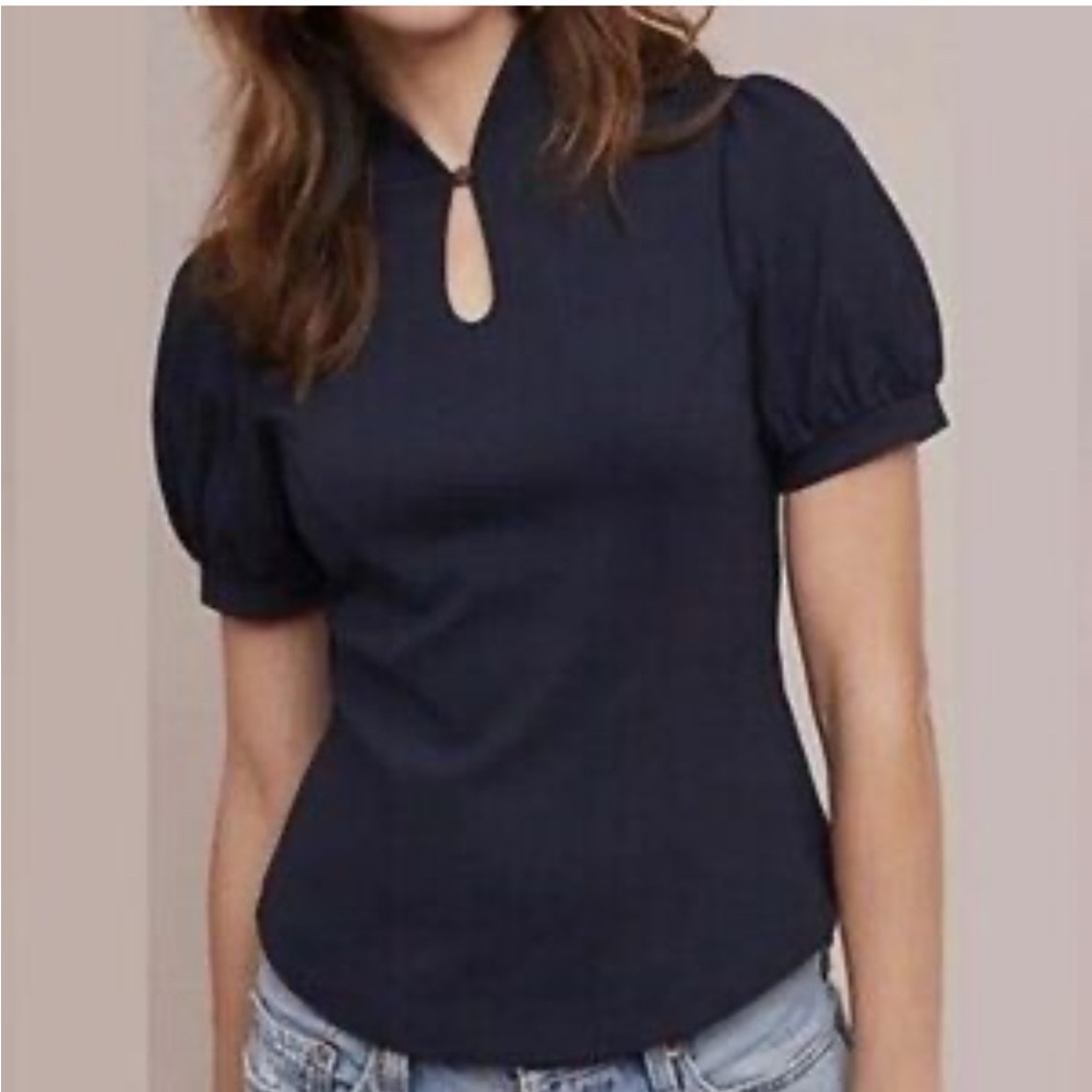 Anthropologie ETT:TWA Blue Puff Sleeve Stretch Keyhole Mandarin Collar Medium